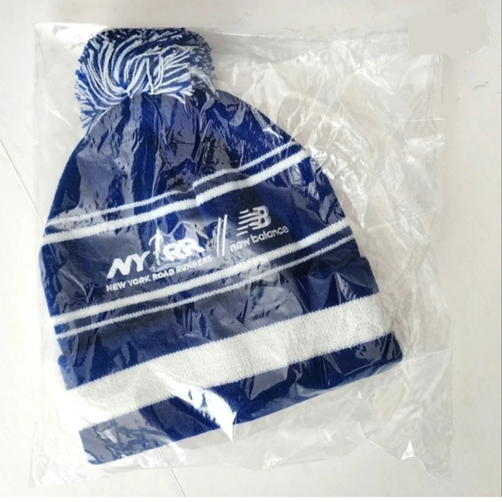 Blue And White Striped Pom Pom Knit Hat